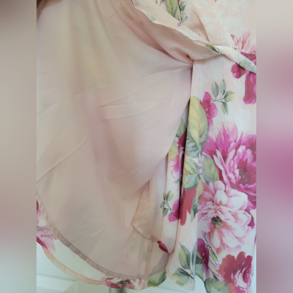 Lulu's Pink Floral Wrap Dress with Green Leaves - Picture 4 of 8